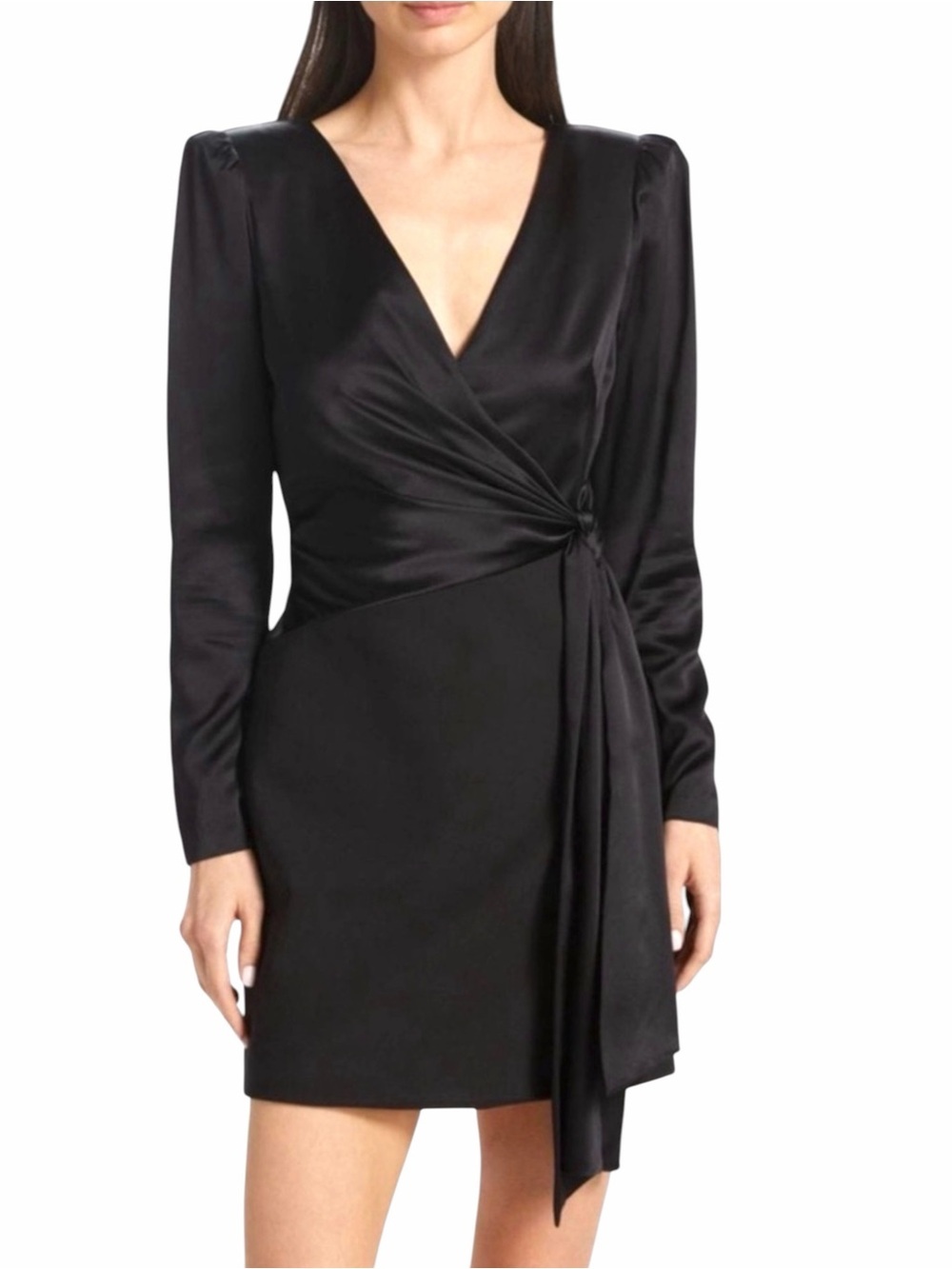 Cinq à Sept Layne V Neck Long Sleeve Satin Faux Wrap Sheath Minidress Size 8 NEW